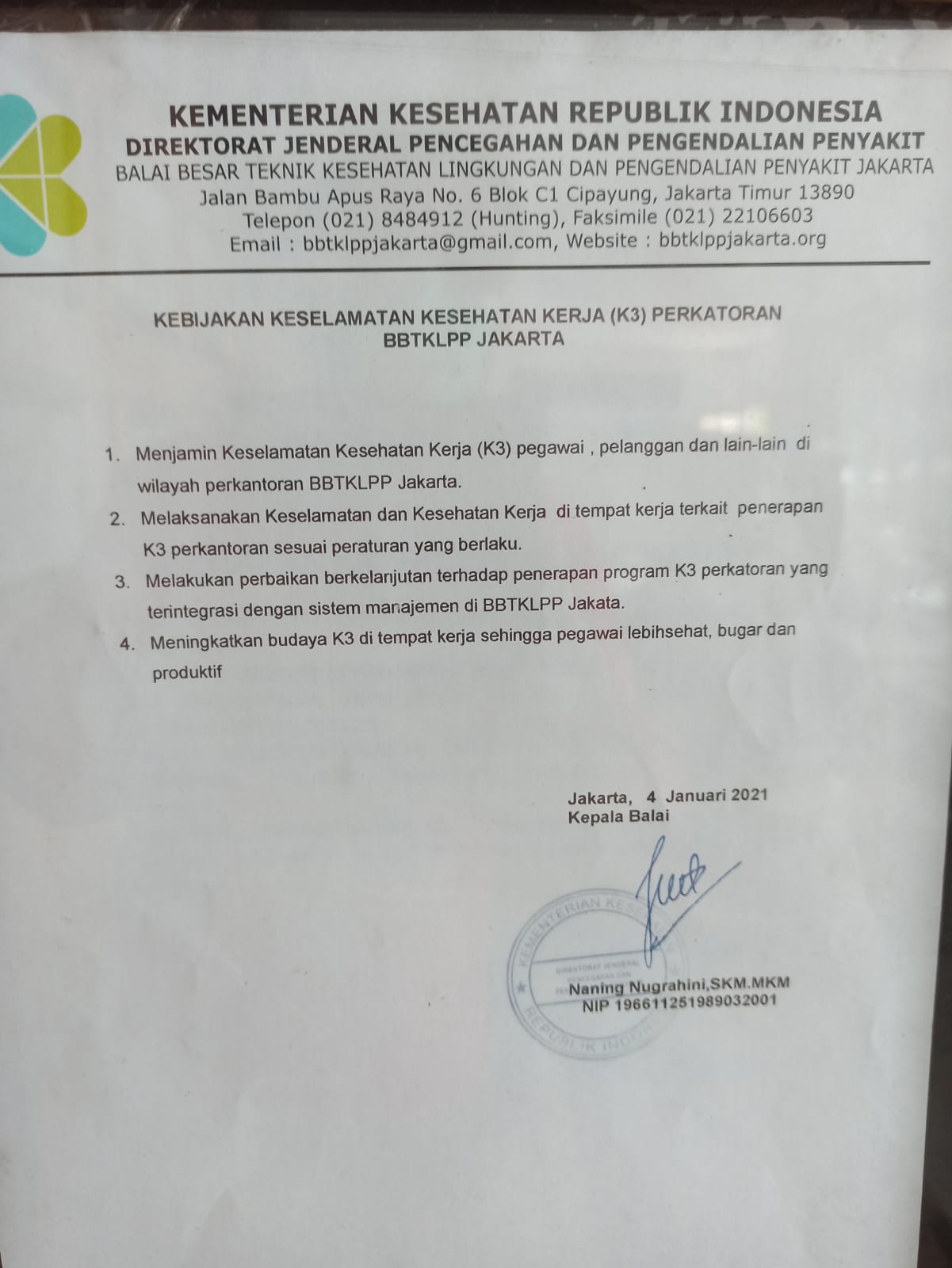 Kebijakan Keselamatan Kesehatan Kerja (K3) Perkantoran BBTKLPP Jakarta