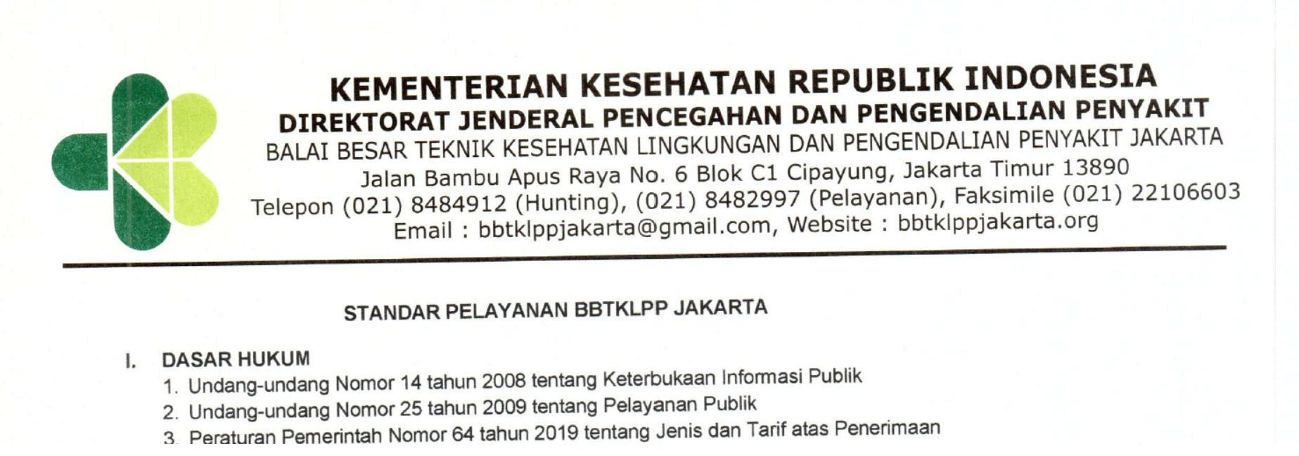 Standar Pelayanan BBTKLPP Jakarta 2021