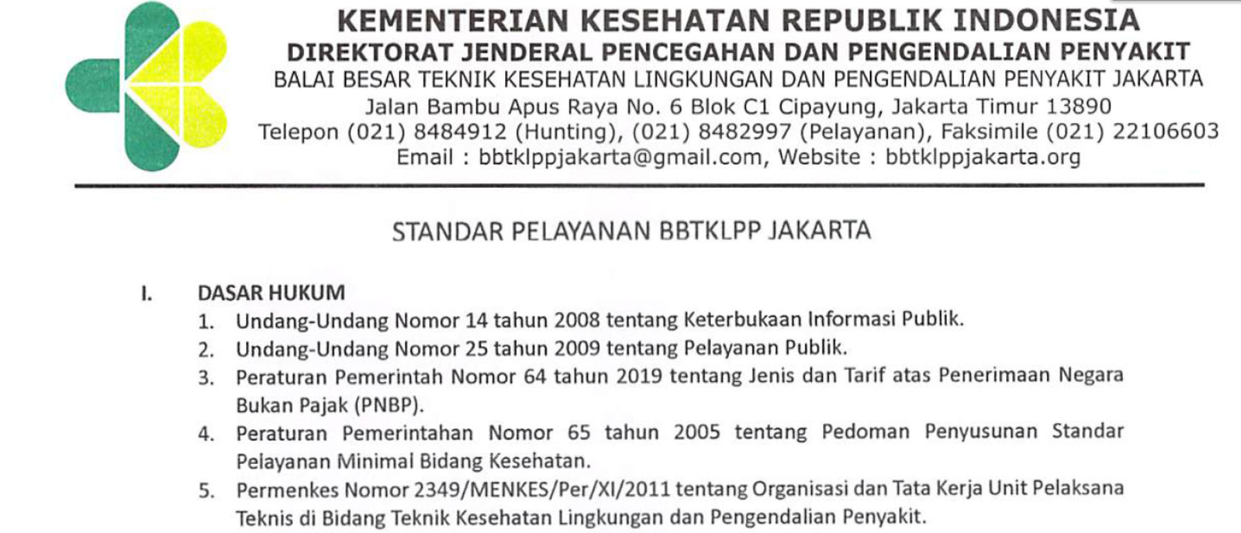 standar pelayanan BBTKLPP Jakarta 2023